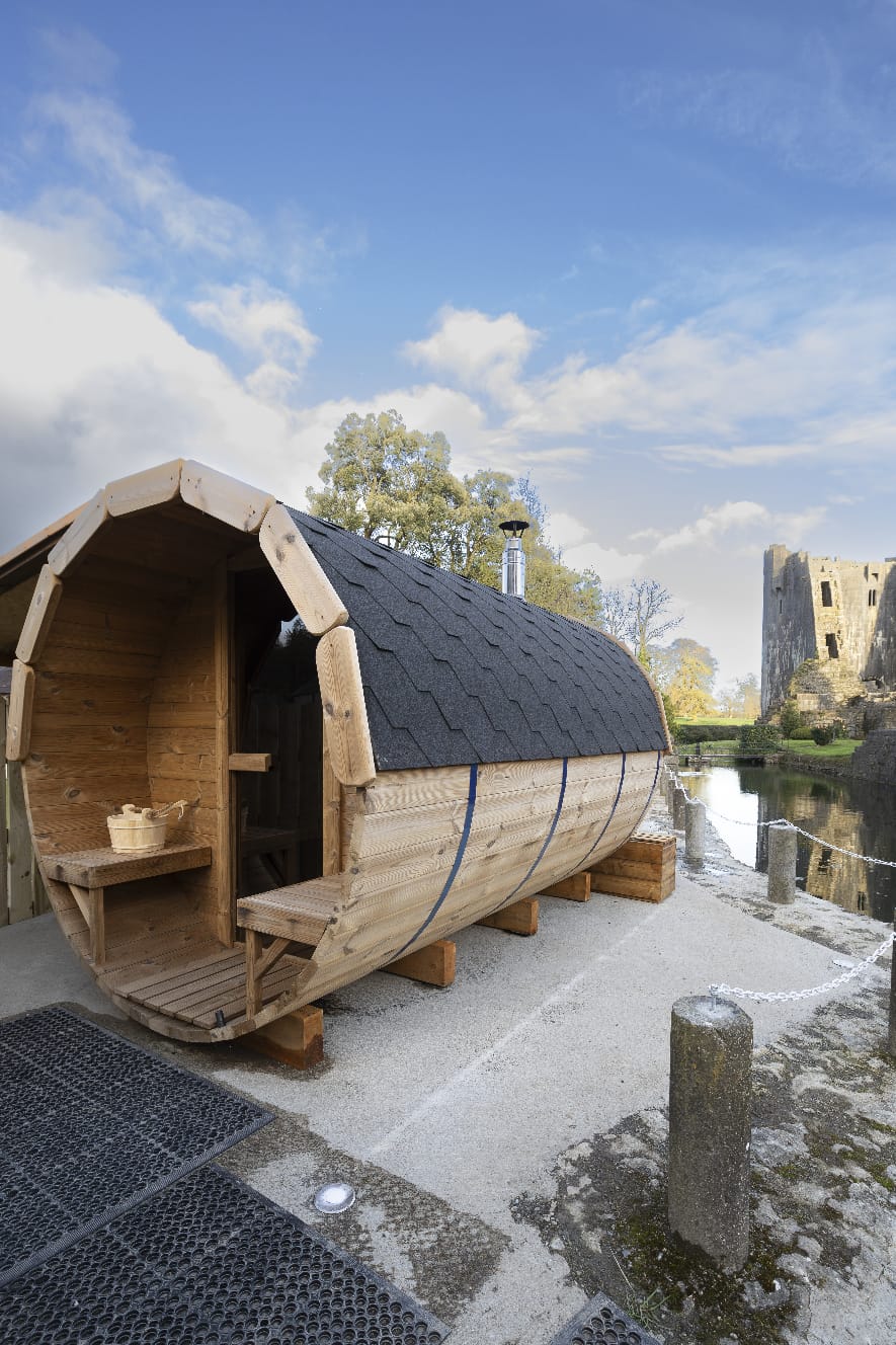 Castleview Sauna exterior at golden hour